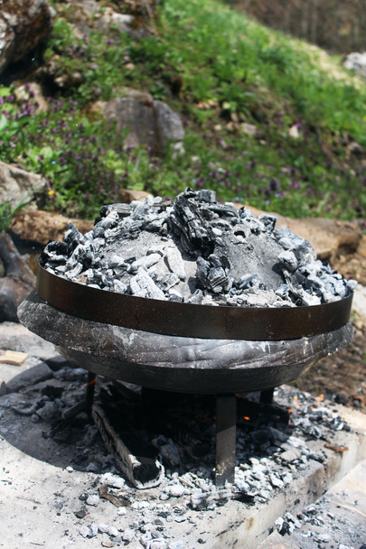 Hazırlama ve pişirme geleneksel Balkan Bosnalı Yunan Akdeniz öğünde Peka sac sach veya sache olarak adlandırılan metal kap içinde ahtapot - Fotoğraf, Görsel