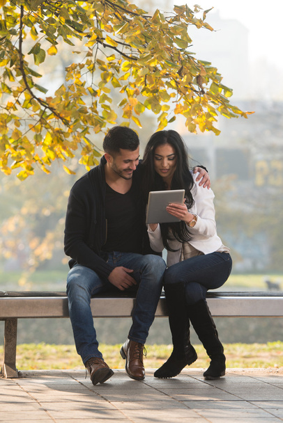 Male And Female Look At Electronic Tablet In Park - Foto, imagen