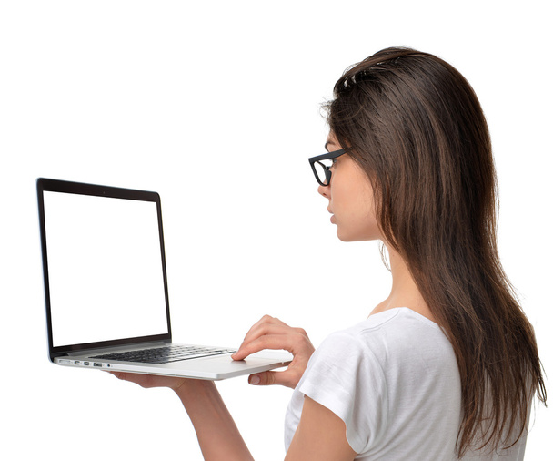 Business woman with modern popular laptop notebook thin and ligh - Fotó, kép
