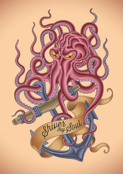Angry octopus tattoo - Vector, Image