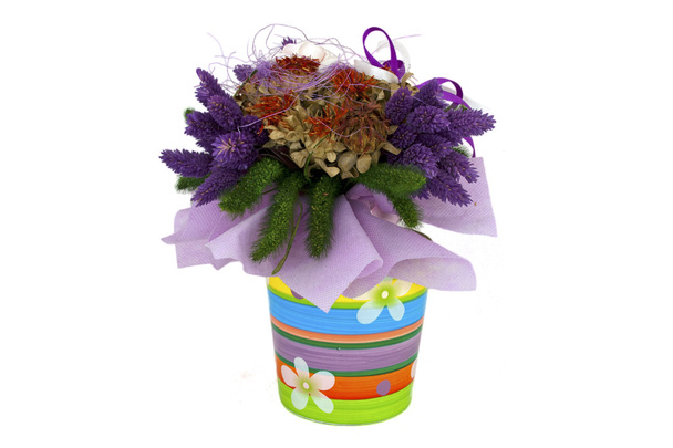 διακοσμητικά αποξηραμένα μπουκέτο λουλούδια σε ένα πολύχρωμο δοχείο - Φωτογραφία, εικόνα