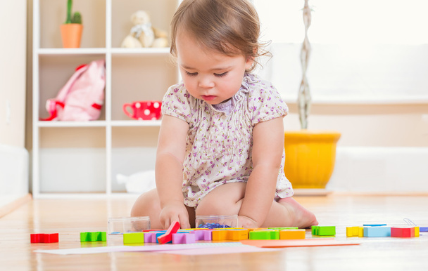 Toddler girl playing with her toys inside - 写真・画像