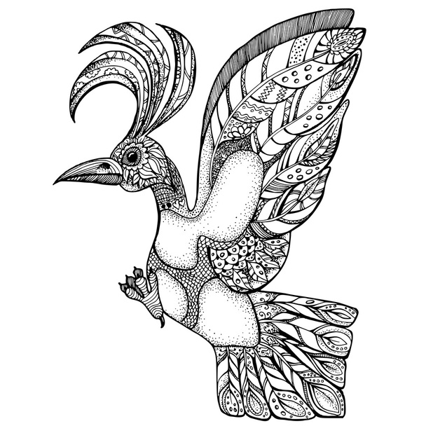 hand drawn line art of single bird with ornaments - Vettoriali, immagini