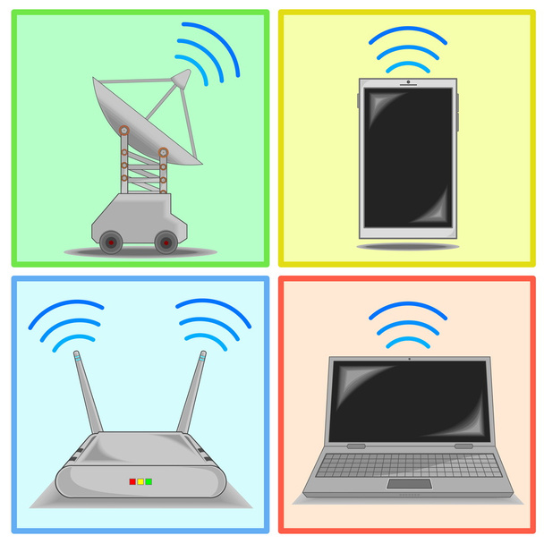 レーダー、スマート フォン、ルーター、ノート パソコンからの接続アイコン - ベクター画像