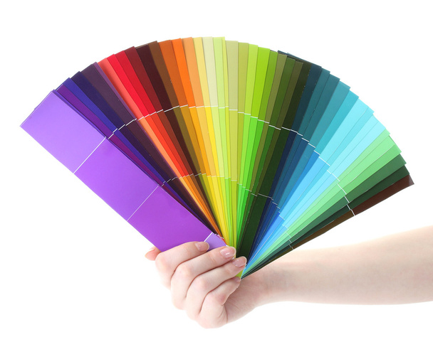 mão segurando paleta brilhante de cores isoladas em branco
 - Foto, Imagem
