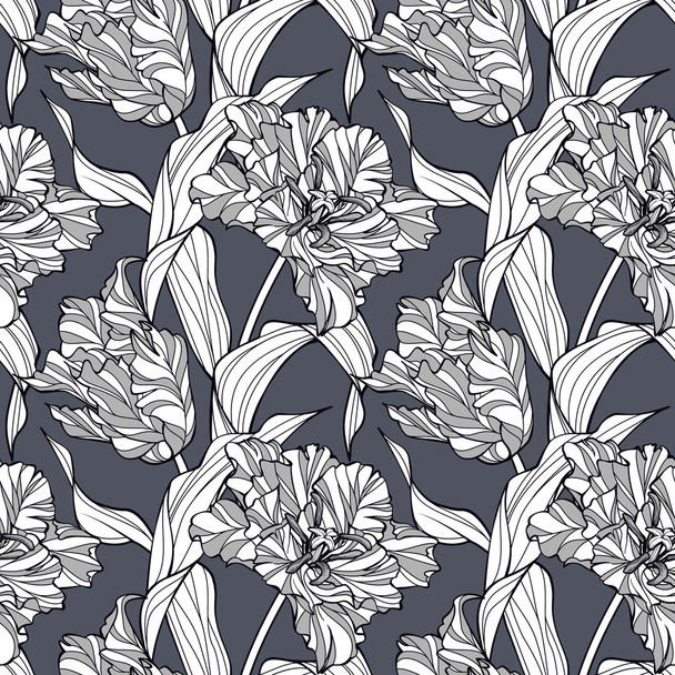 Abstract floral pattern with stylized tulips. Graphic seamless background in subdued, elegant grayish colors. Simple to edit. - Вектор, зображення