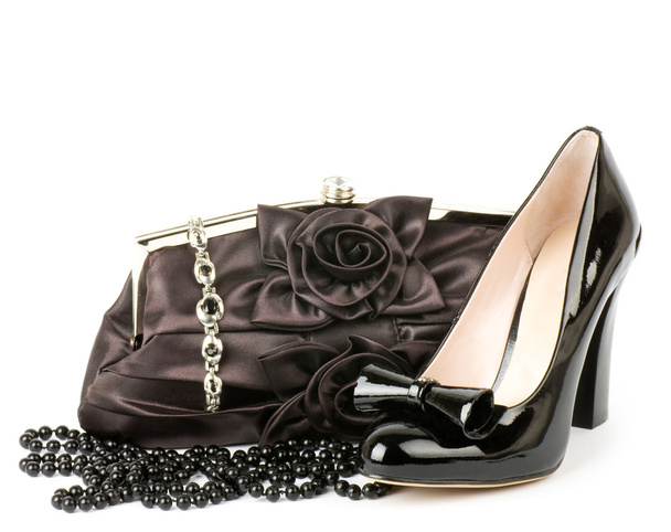 Sexy fashionable shoes, golden jewelry and handbag isolated on white background. - Foto, Bild