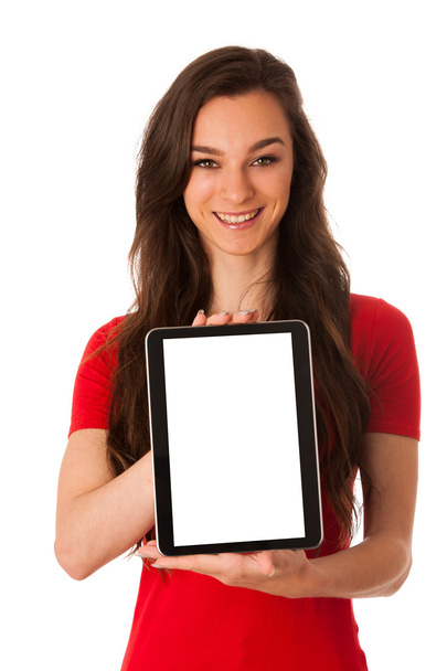Beautiful young business woman showing tablet with screen for co - Фото, изображение