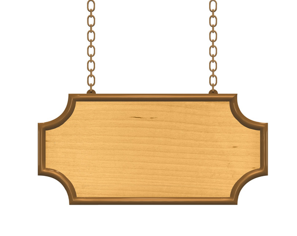 Letrero de madera colgado en cadenas metálicas
 - Foto, Imagen
