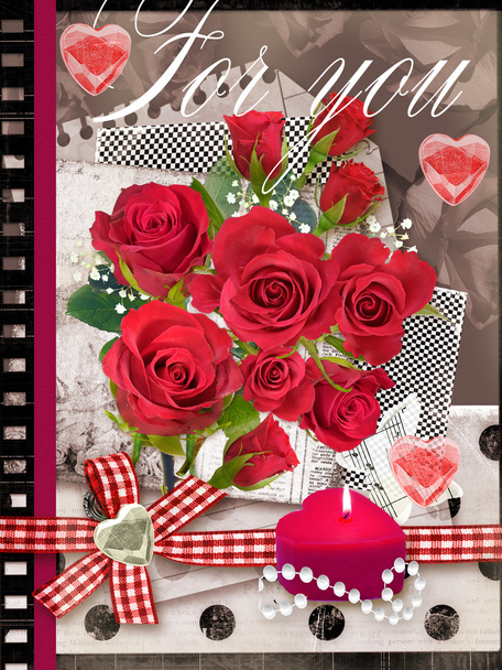 Kerstkaart met boeket van mooie rozen. - Foto, afbeelding