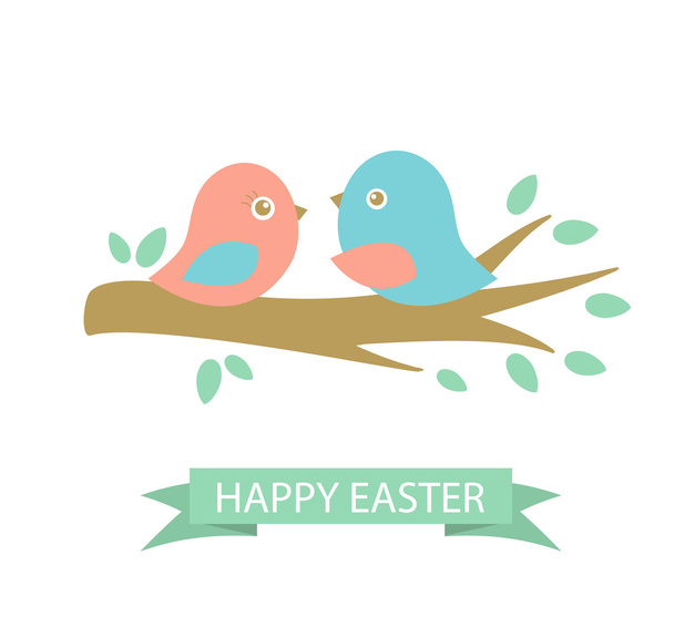 Cute easter card with two birds on the cherry tree - Vecteur, image