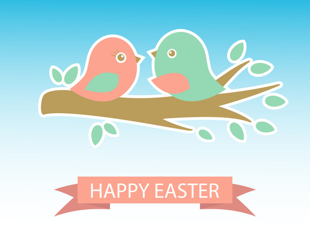 Cute easter card with two birds on the cherry tree - Вектор,изображение