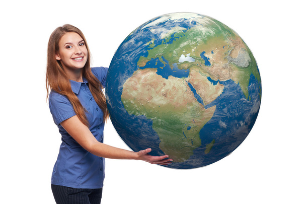 Woman holding earth globe - 写真・画像