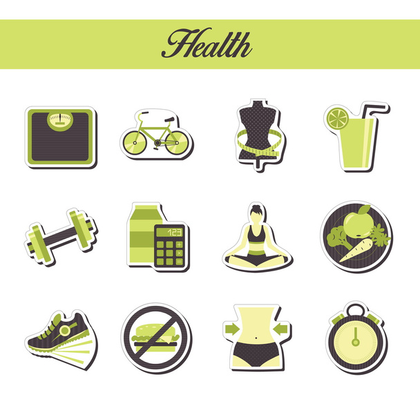 eine Sammlung stylischer, moderner Sticker-Symbole mit Mustereinfärbung für gesunden Lebensstil, Ernährung und Fitness. für Web, Präsentation, Aufkleber. - Vektor, Bild