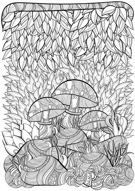 Coloring book page for adults. Scene with mushrooms - Διάνυσμα, εικόνα