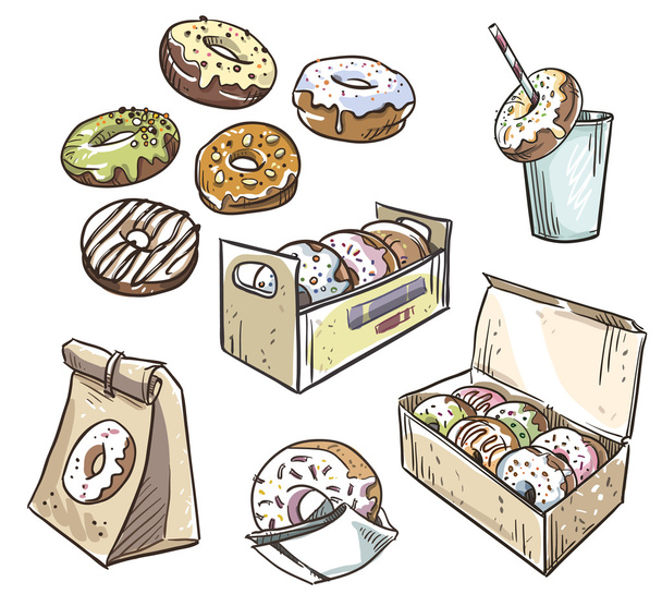 selection of donuts.  takeaway packaging. Fast food. - Vector, Image