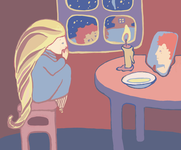 Девушка сидит за столом и чудеса любимого
 - Вектор,изображение