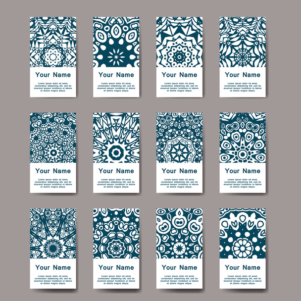 Set of business cards. Vintage pattern in retro style with mandala. Hand drawn Islam, Arabic, Indian, lace pattern - Vektor, Bild
