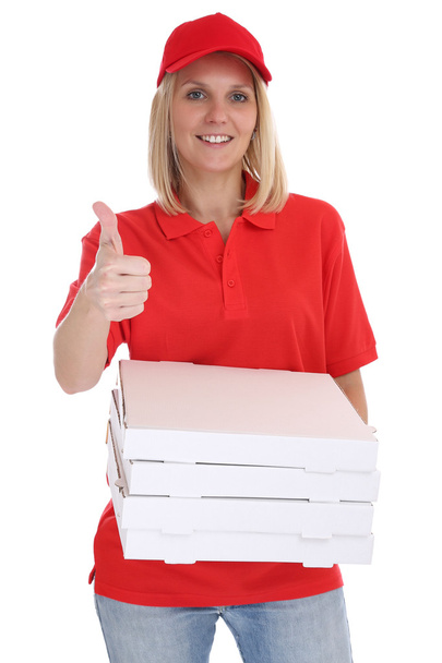 Pizza delivery woman order delivering thumbs up job young isolat - Фото, зображення