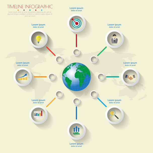 infografías de la línea de tiempo del mapa del mundo con iconos establecidos
. - Vector, Imagen