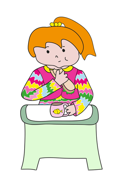 Redheaded girl snack at the green table - Вектор, зображення