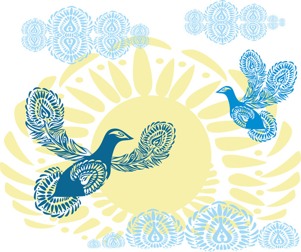 Blue peace doves on the background of yellow sun with clouds. Birds of Paradise flying towards the sky. Patterned birds. Abstraction, symbolism - Vektor, Bild