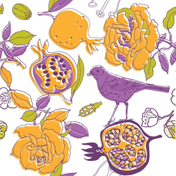 Flowers, bird and fruits pattern - Vector, Image