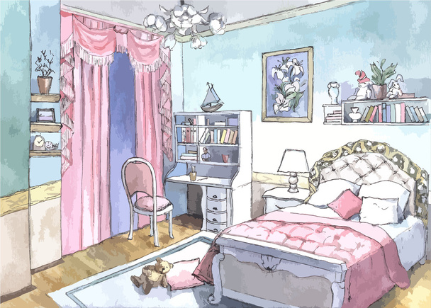bedroom design of watercolor painting - Vector, Image