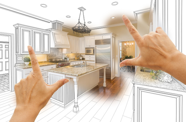 Mãos moldando design de cozinha personalizado Desenho e foto Combinatio
 - Foto, Imagem