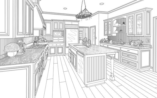 Black Custom Kitchen Design Drawing on White - Photo, Image