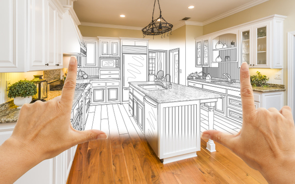 Mãos moldando desenho de cozinha personalizado e quadrado foto com
 - Foto, Imagem