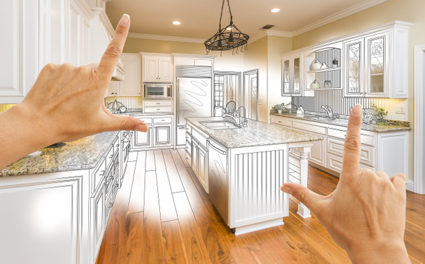 Handen uitwerking van aangepaste keuken ontwerp tekening en foto Combinatio - Foto, afbeelding