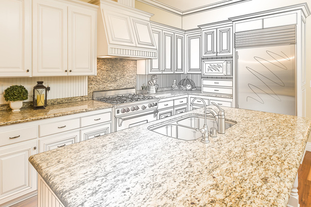 Custom Kitchen Design Drawing and Gradated Photo Combination - Фото, изображение
