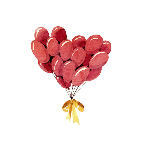 Big bunch of balloons. Heart shape. Watercolor illustration. - Photo, Image