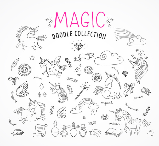 hand drawn, magic, unicorn and fairy doodles - Vector, Image