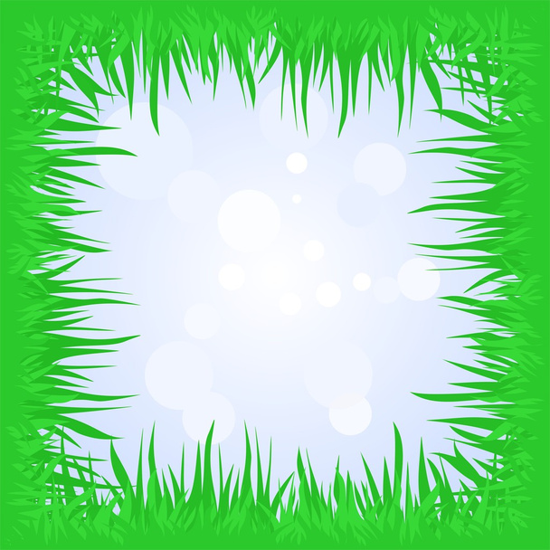 Fond printanier avec de l'herbe verte comme cadre avec un ciel bleu et des reflets de soleil
 - Vecteur, image