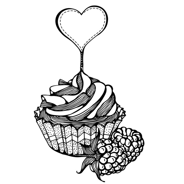 ラズベリー モノクロ図面でカップケーキ - ベクター画像