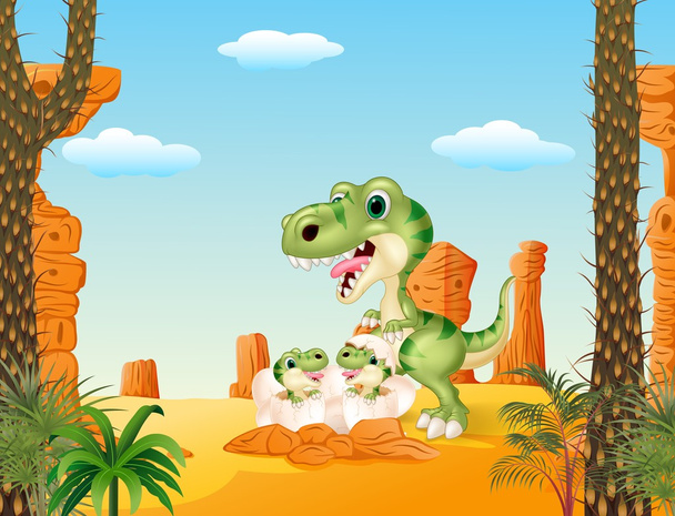 Dibujos animados mamá tiranosaurio dinosaurio y bebé dinosaurios eclosionando
 - Vector, Imagen