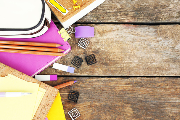 School supplies on old wooden table - Foto, Imagem