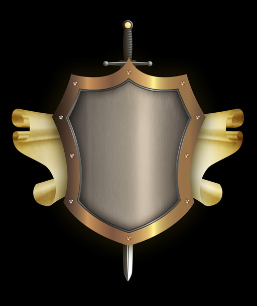 Heraldic shield with sword and scroll. - Zdjęcie, obraz