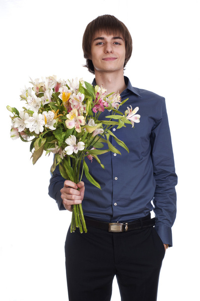 Happy men hold bouquet of flowers and gift. isolated on white b - Foto, Bild