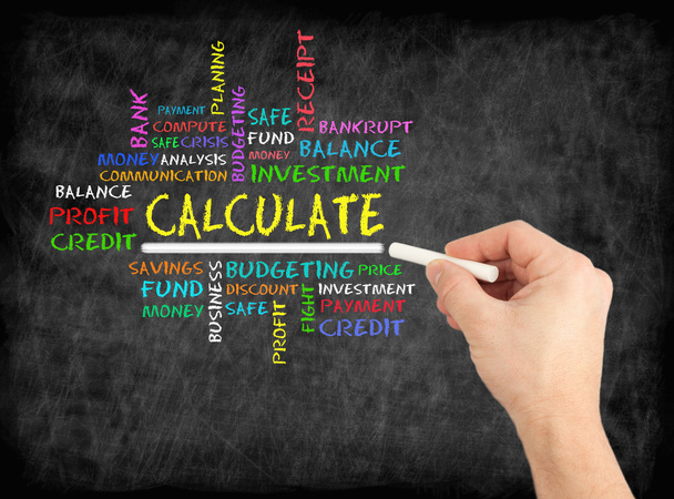 CALCULATE word cloud, business concept on chalkboard - Photo, Image