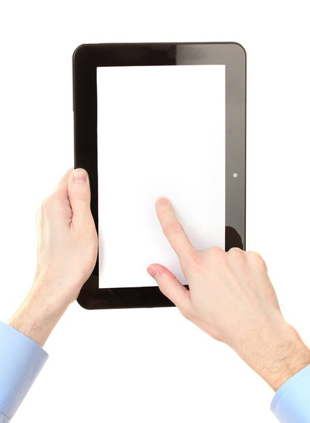 Male hands holding a tablet isolated on white - Foto, Bild