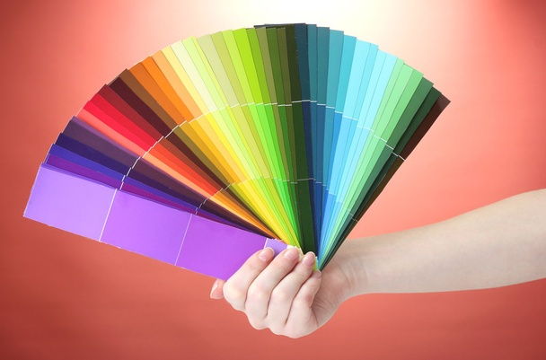 Hand holding bright palette of colors on red background - Valokuva, kuva