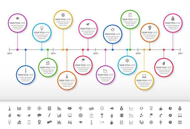 Modern rainbow timeline with circle milestones and set of icons - Vector, Image