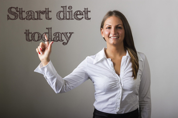 Start Diät heute - schöne Mädchen berühren Text auf transparenten s - Foto, Bild