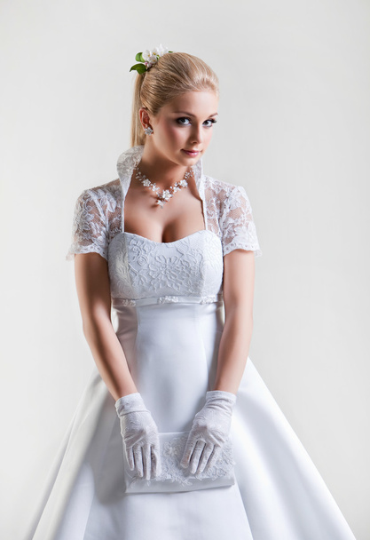 Portrait of beautiful delicate blonde bride in wedding dress, an - Fotografie, Obrázek
