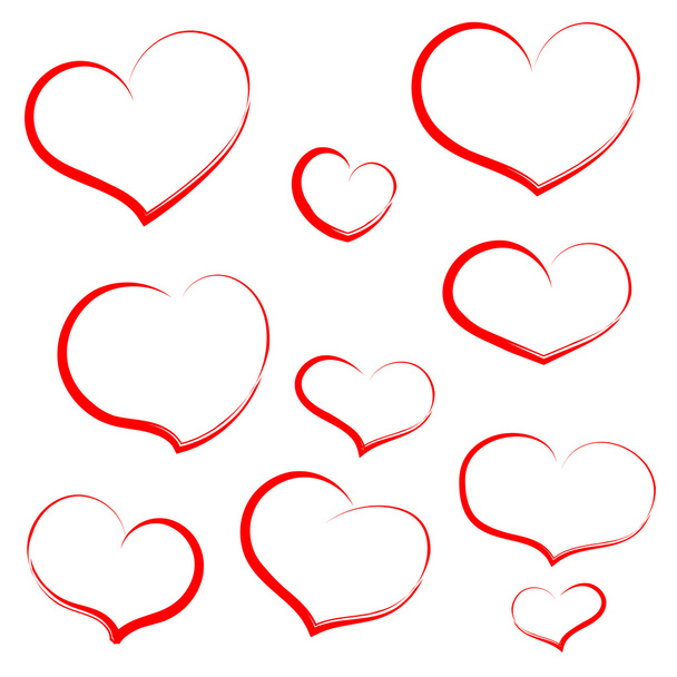 Set hand draw heart in red outline. Hearts for wedding, valentin - Вектор,изображение