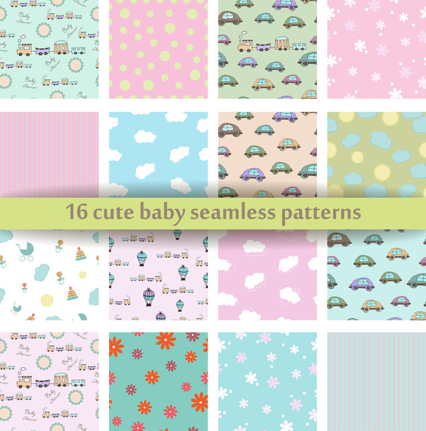 Set of 16 Cute baby seamless pattern. Retro pink, white and blue colors. Texture for wallpaper, web page background, fabric and paper. Set of abstract pretty ornament. - Wektor, obraz