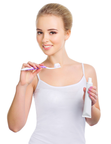 歯ブラシを持つ健康的な少女 - 写真・画像